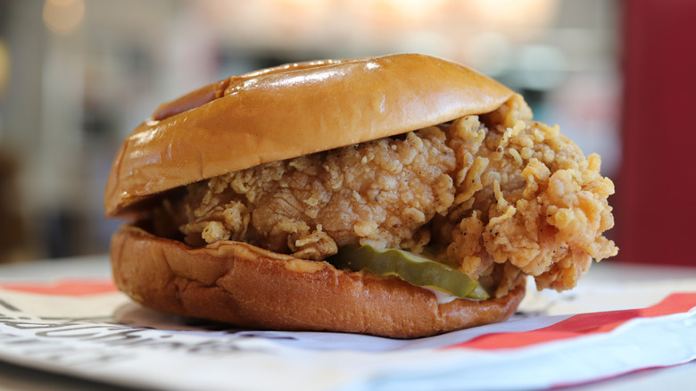 Close-up of a Crispy Chicken Sandwich at KFC
