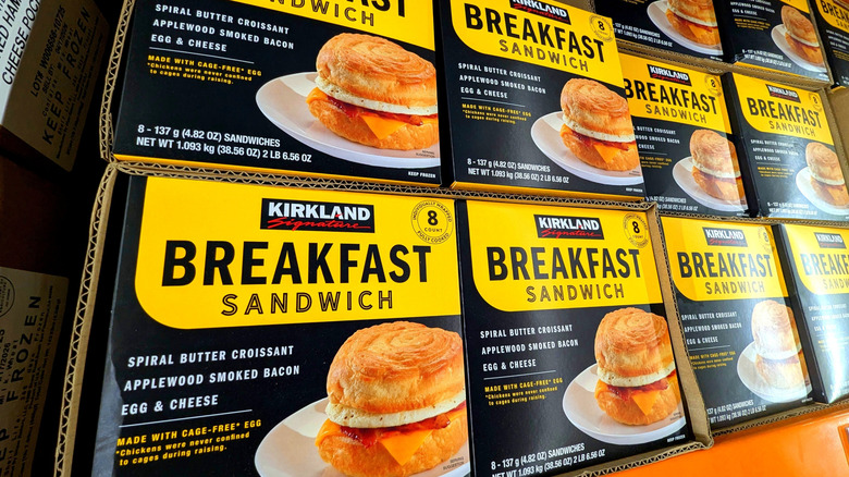 Kirkland frozen breakfast sandwich in boxes at Costco
