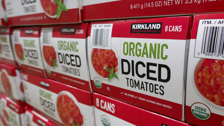 Boxes of organic diced tomatoes from Costco