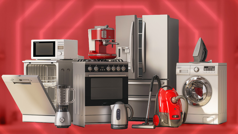 Various kitchen appliances against a red background