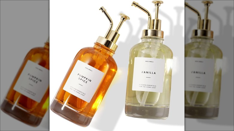 Pumpkin Spice and Vanilla syrups in glass syrup dispensers