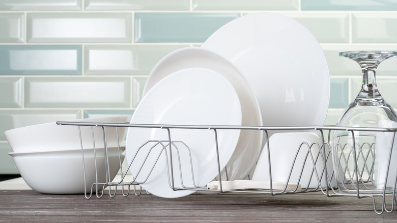dishware on drying rack