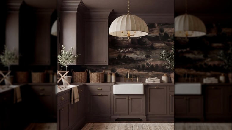 Dark brown kitchen cabinets with pendant light, wall mural