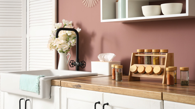 Kitchen sink and counter with dusty rose wall