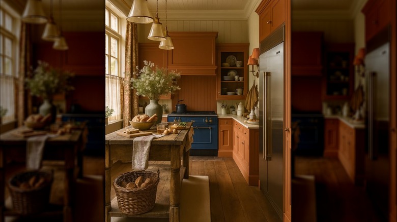 View of terracotta kitchen with wooden table in foreground