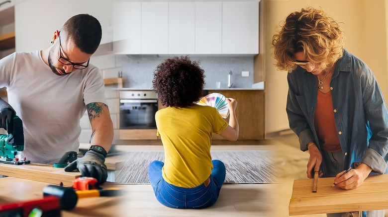 Three people holding tools in a kitchen