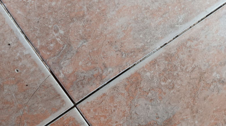high-angle, closeup shot of kitchen floor tiles looking worn, cracked, and pitted from heavy use