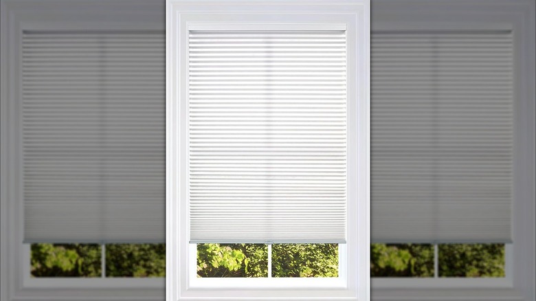 White cordless blinds with a leafy view out the window