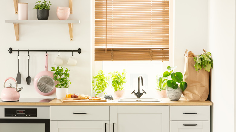bright kitchen with tan blinds