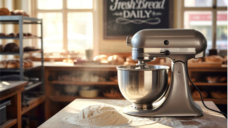 stand mixer on a table in a bakery