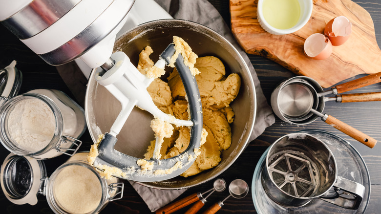 birds eye view of a stand mixer with ingredients in it