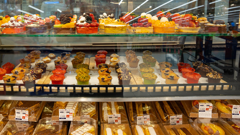 Grocery store Carrafour pastry shelves full of confections