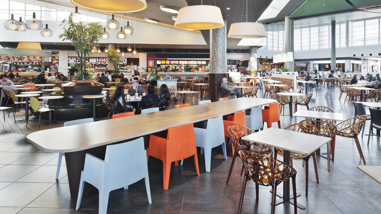 tables and chairs in a food court