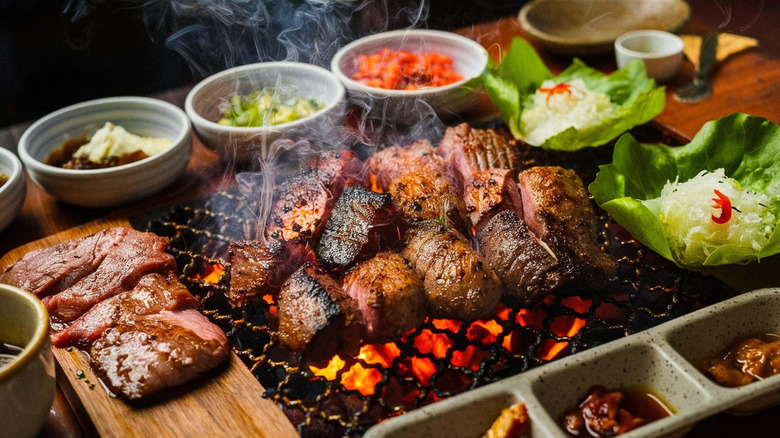 Korean BBQ meats on grill