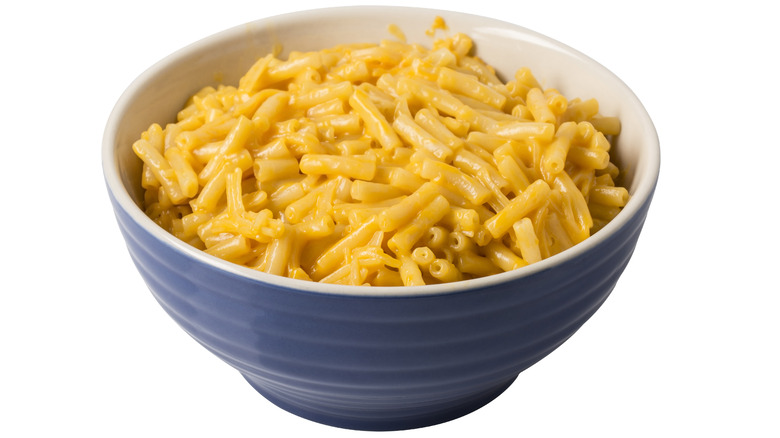 boxed mac and cheese in blue bowl
