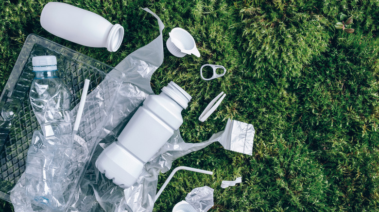 Single-use plastics on grass