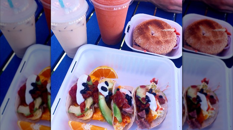 Breakfast tacos, a bagel sandwich, smoothie and iced coffee to-go