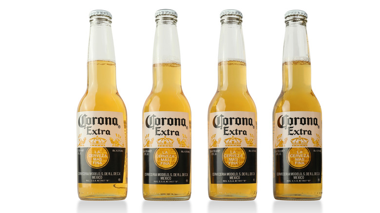 A line of four bottles of Corona Extra shown on a plain white background