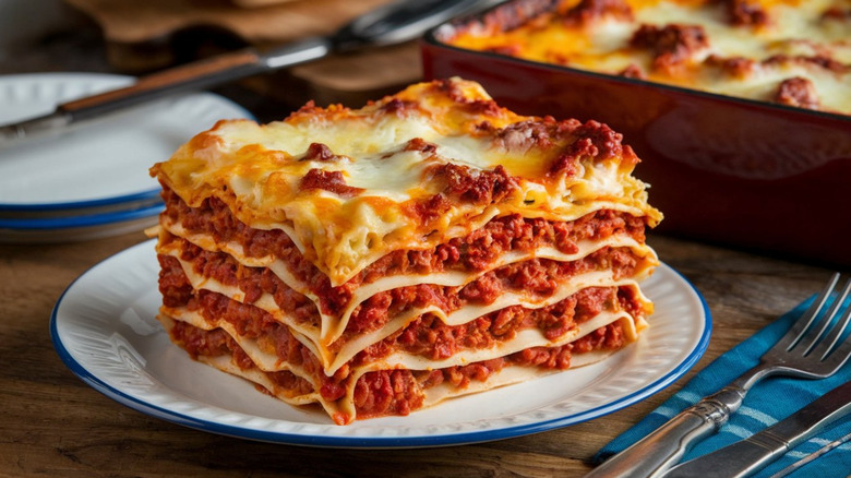 Piece of lasagna on a dish