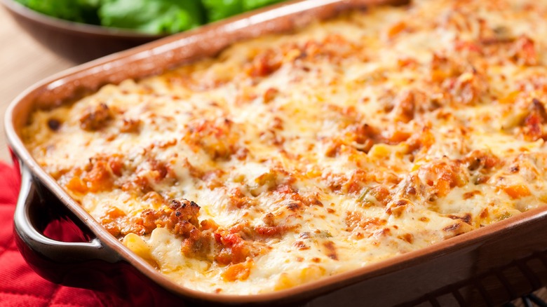 baked lasagna in a casserole dish