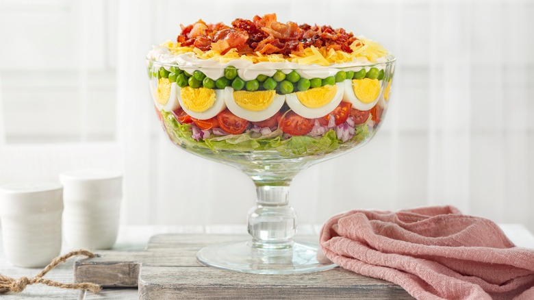 Layered cobb salad in a trifle bowl