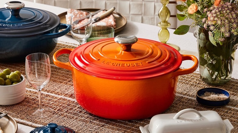 various Le Creuset pieces on display