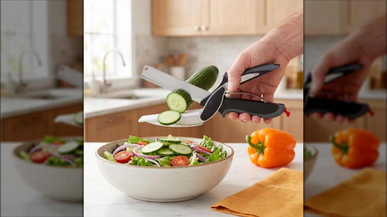 Hand chopping vegetables into salad bowl with cutting-board scissors