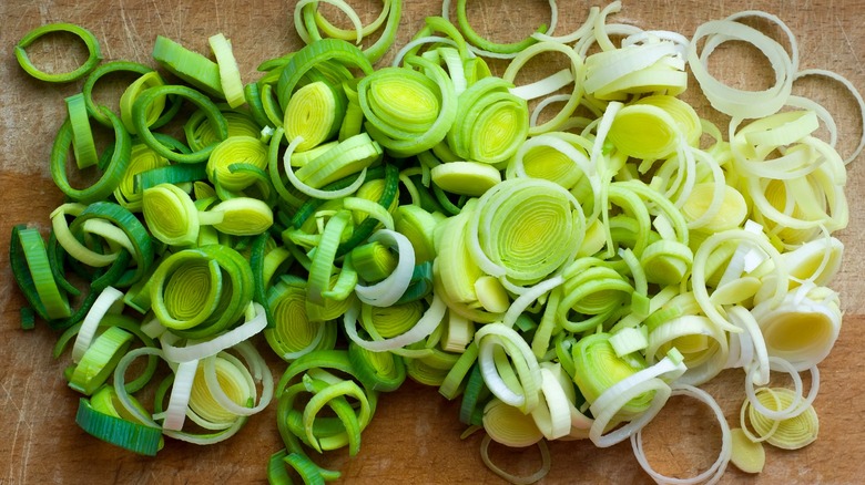 Top-down view of many sliced leeks