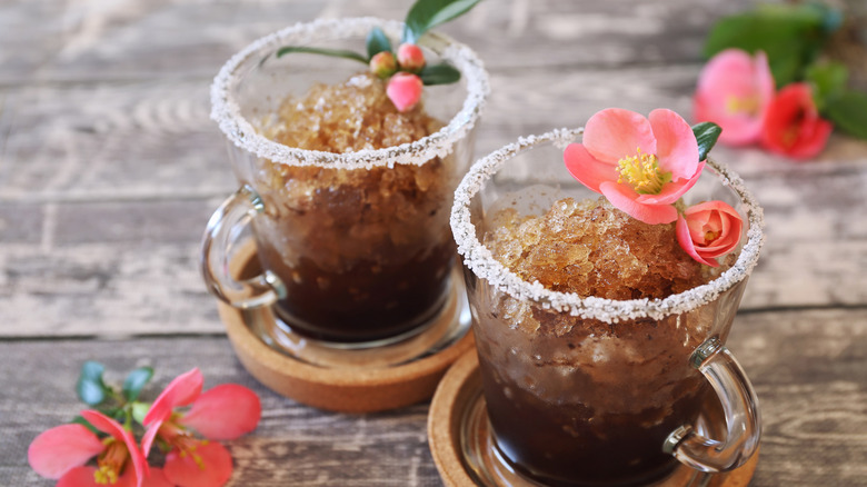 Two coffee granitas flower garnishes