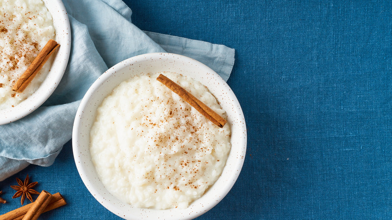 rice pudding on a blue cloth background