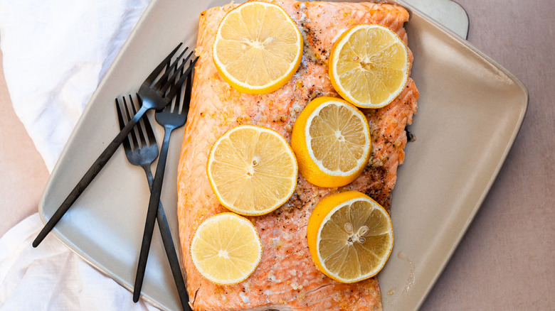 lemon garlic salmon on plate 
