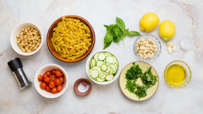 pasta salad ingredients on table