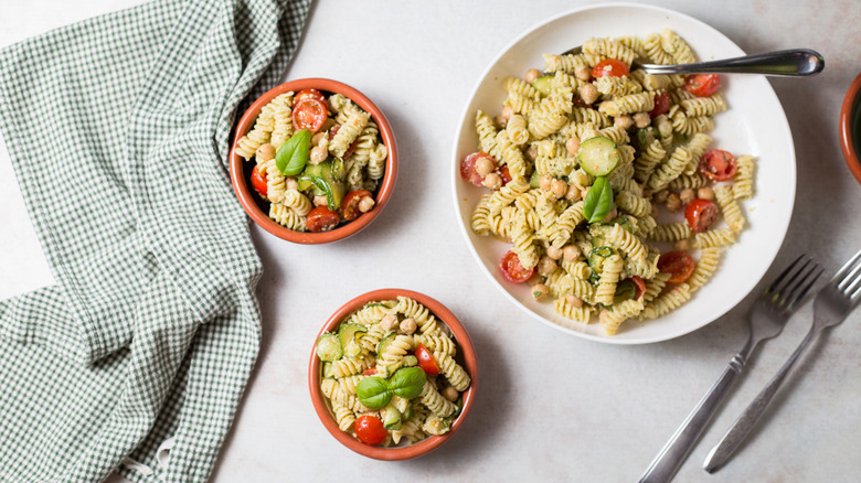 pasta salad served on table