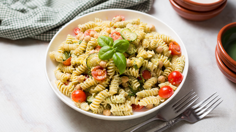 pasta salad served on table