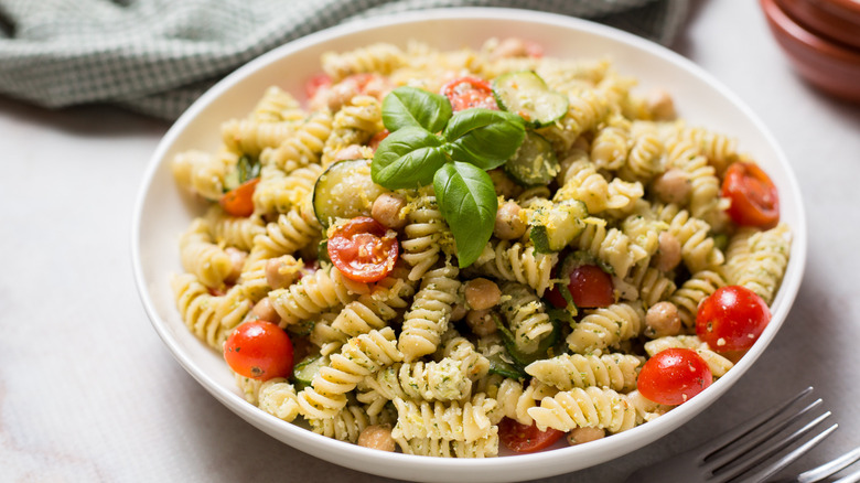pasta salad served on table