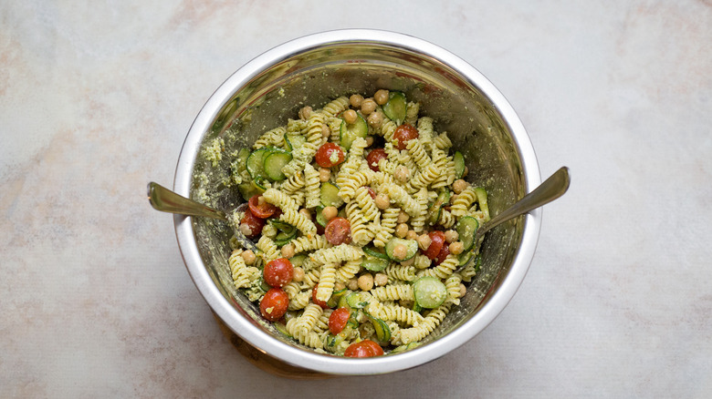 pasta salad in metal bowl