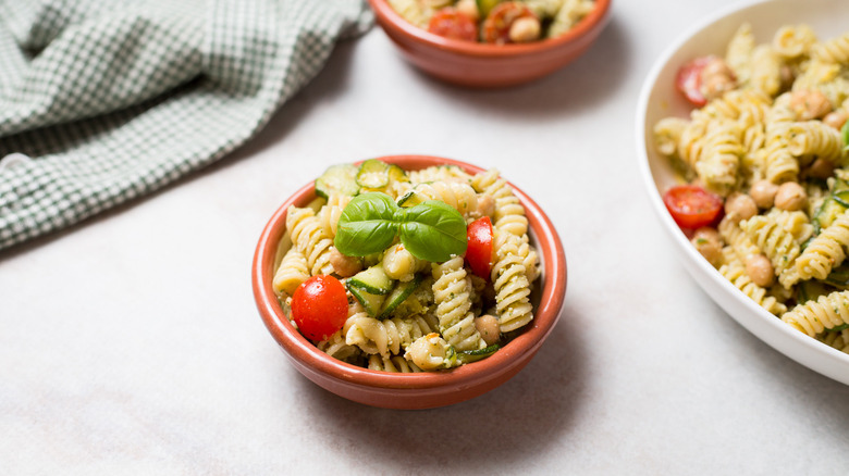 pasta salad served on table