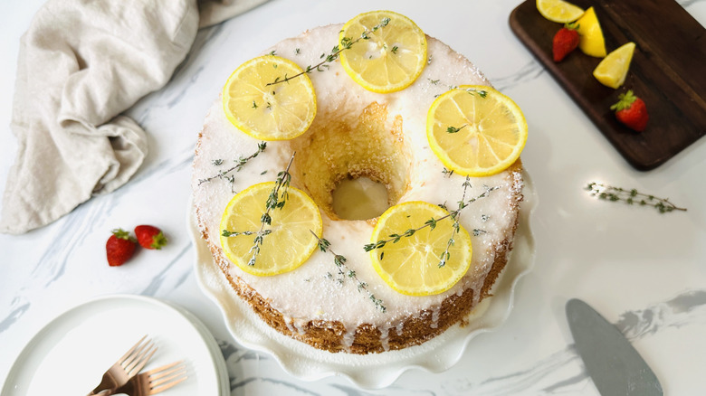 Lemon thyme chiffon cake on cake stand