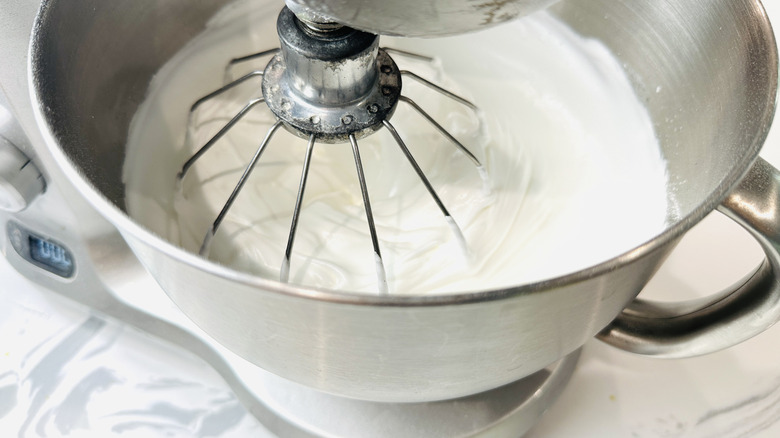 Whipped egg whites in stand mixer with whisk attachment