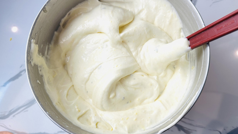 Egg white cake batter in mixing bowl
