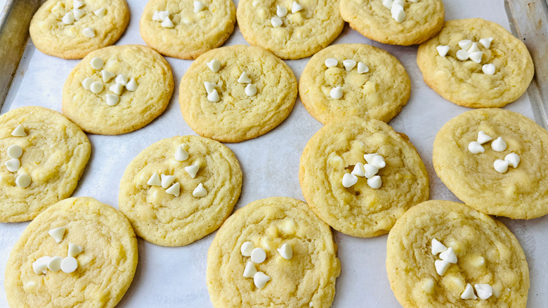 White chocolate chip cookies on baking sheet