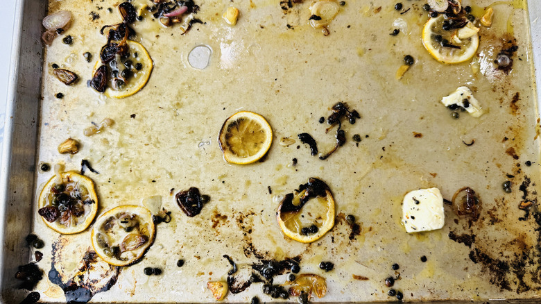 Baking sheet with lemony pan sauce