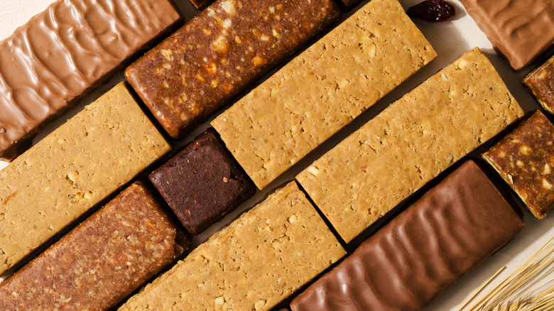 Protein bars with peanuts, chocolate glaze, gluten-free and sugar-free close-up