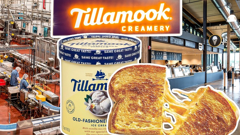 Tillamook logo with ice cream, grilled cheese, and creamery