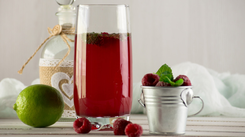 raspberry lime rickey surrounded by fresh raspberries