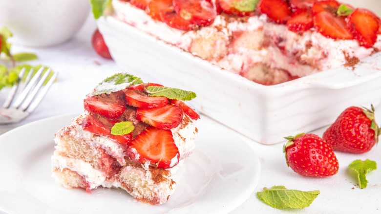 No-bake strawberry dessert on plate and in dish