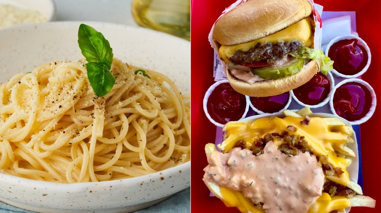 Bowl of cacio e pepe pasta, In-N-Out cheeseburger and Animal-style fries on a tray