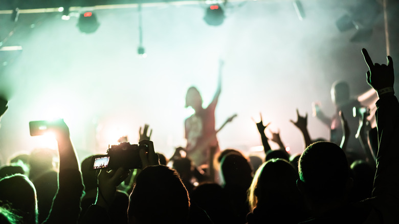 Crowd raising hands at a music concert, with a performer on stage in the background