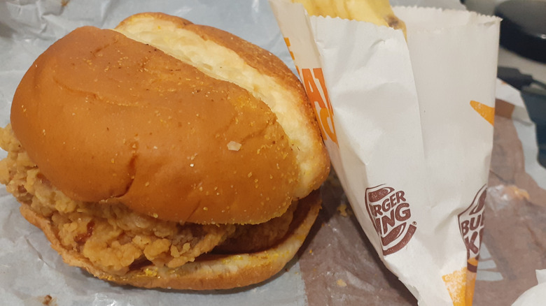 Close-up of a Burger King chicken sandwich and fries