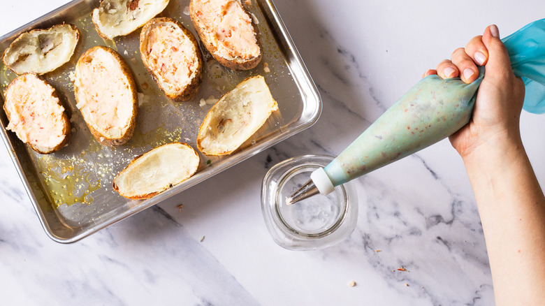 Lobster potato filling in piping bag.